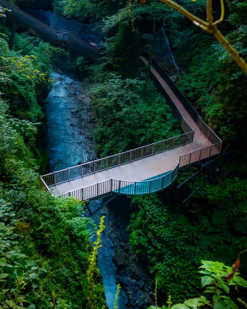 Free Aerial view of a footbridge over a lush green river in Rize, showcasing breathtaking nature. Stock Photo