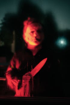 Creepy silhouette holding a knife, lit in blood-red light, perfect for Halloween themes.