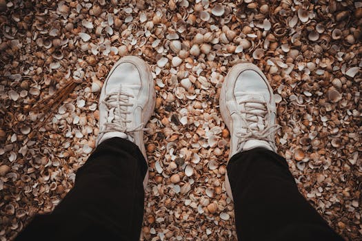 Casual sneakers standing on a shell-covered beach, ideal for travel and adventure themes.