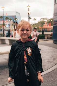 Child dressed as a wizard enjoying Universal Studios in Orlando, capturing the magic of the theme park.