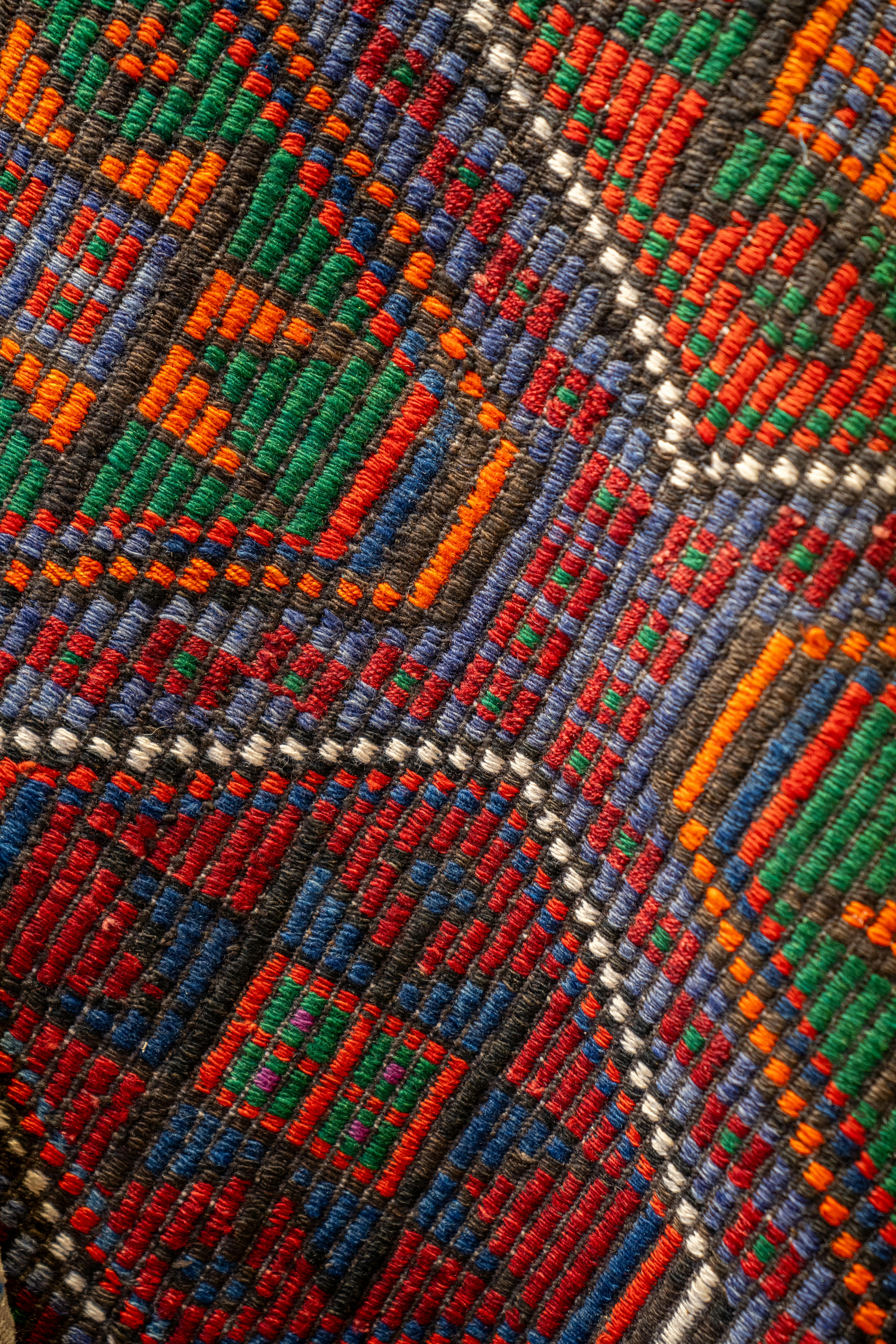 Close-up view of a colorful handmade geometric pattern woven textile, showcasing vibrant threads.