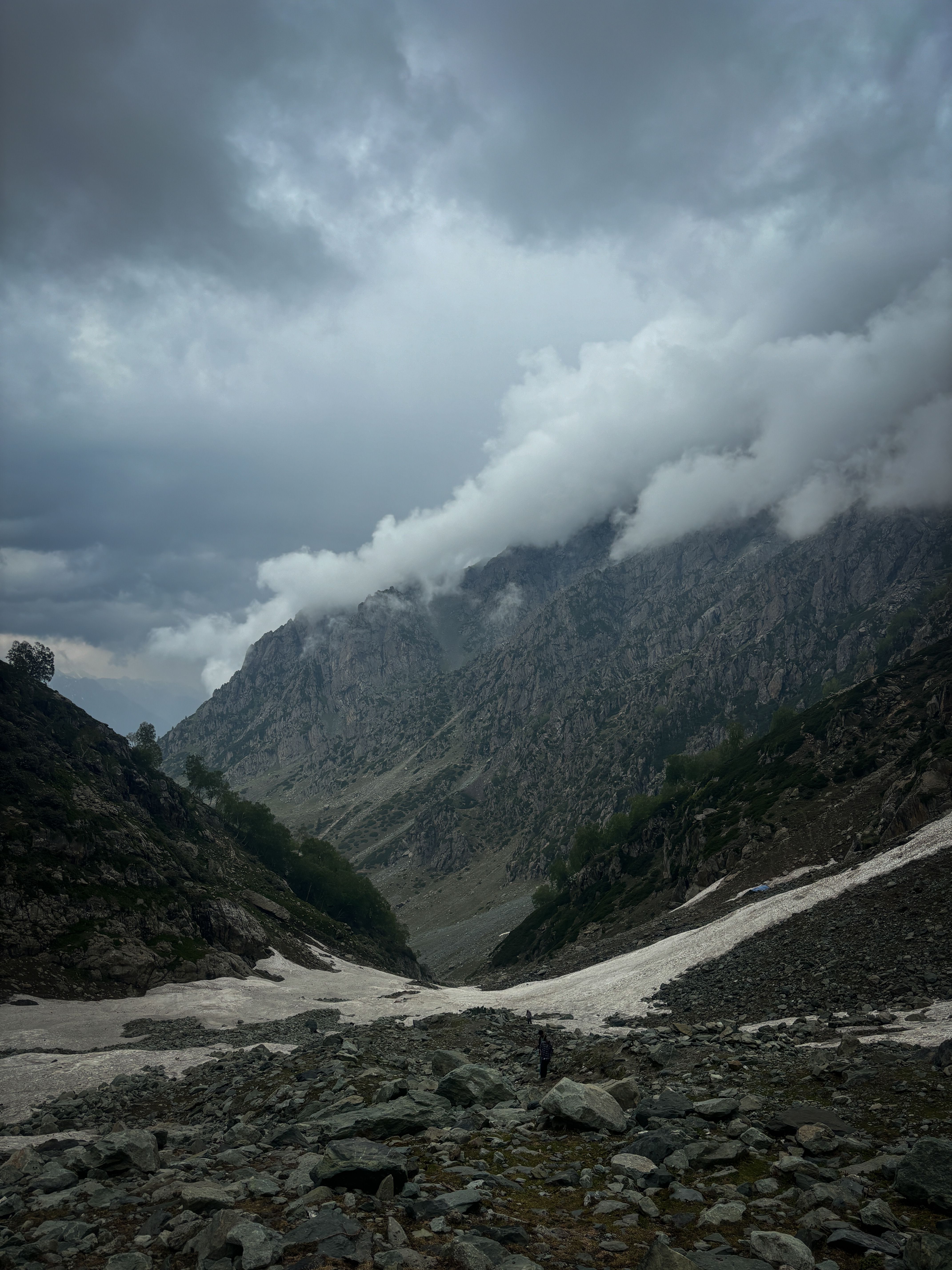 A mountain range with clouds and snow on the ground · Free Stock Photo