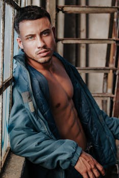 一个光膀子、穿着蓝色夹克的男人肖像，靠在工业窗户旁