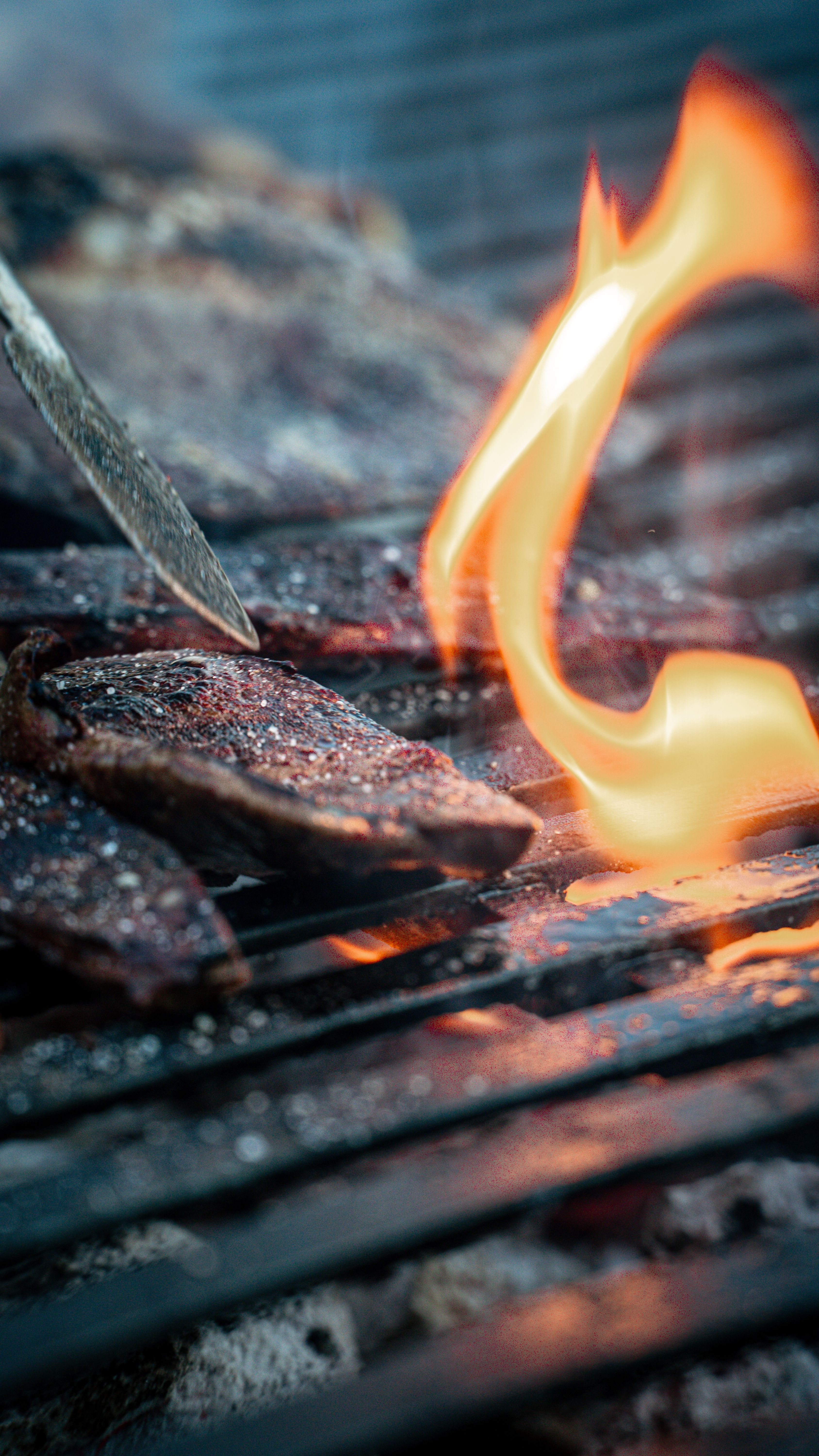 Fotomural Acercamiento de carne asándose con llamas dramáticas, destacando una escena de barbacoa.