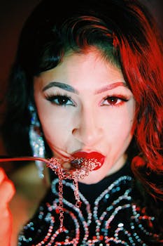 Close-up portrait of a woman with red lipstick, posing with jewelry under dramatic red lighting.