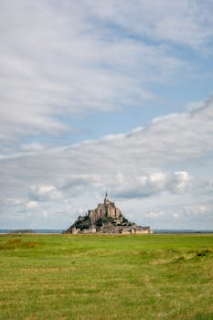 Scenic view of Mont Saint-Michel, a famous landmark in Normandy, France, under a partly cloudy sky.
