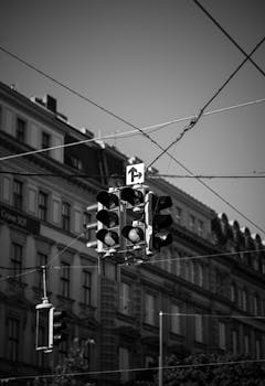 维也纳交通信号灯的单色建筑视图