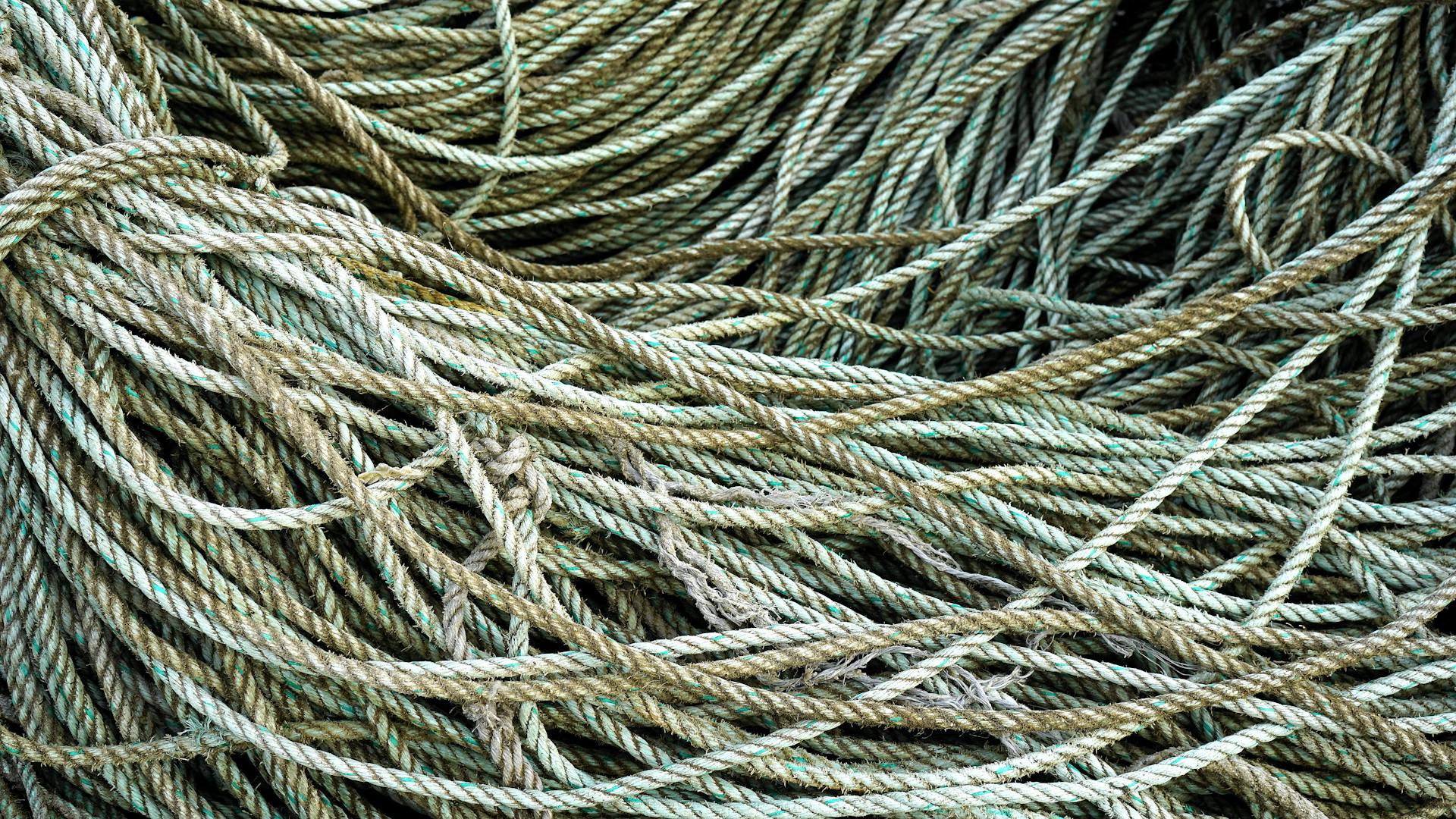 Detailed view of tangled nautical ropes showcasing a complex texture and intricate lines.