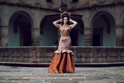 A woman dressed as a Catrina stands gracefully in a historic courtyard in Morelia, Mexico.