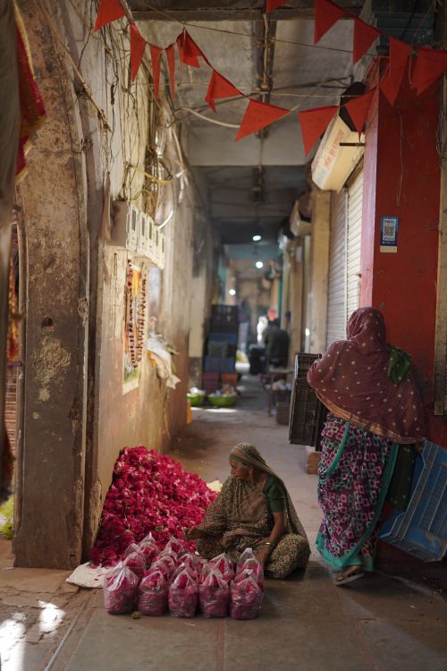 Free Colorful marketplace alley scene with flower vendor and shoppers, evoking cultural charm. Stock Photo