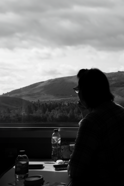 Free Silhouetted person gazing at hills through a train window, creating a serene and thoughtful scene. Stock Photo