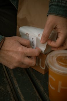 Close-up of hands unpacking a sandwich with an orange drink on a bench in Amsterdam.