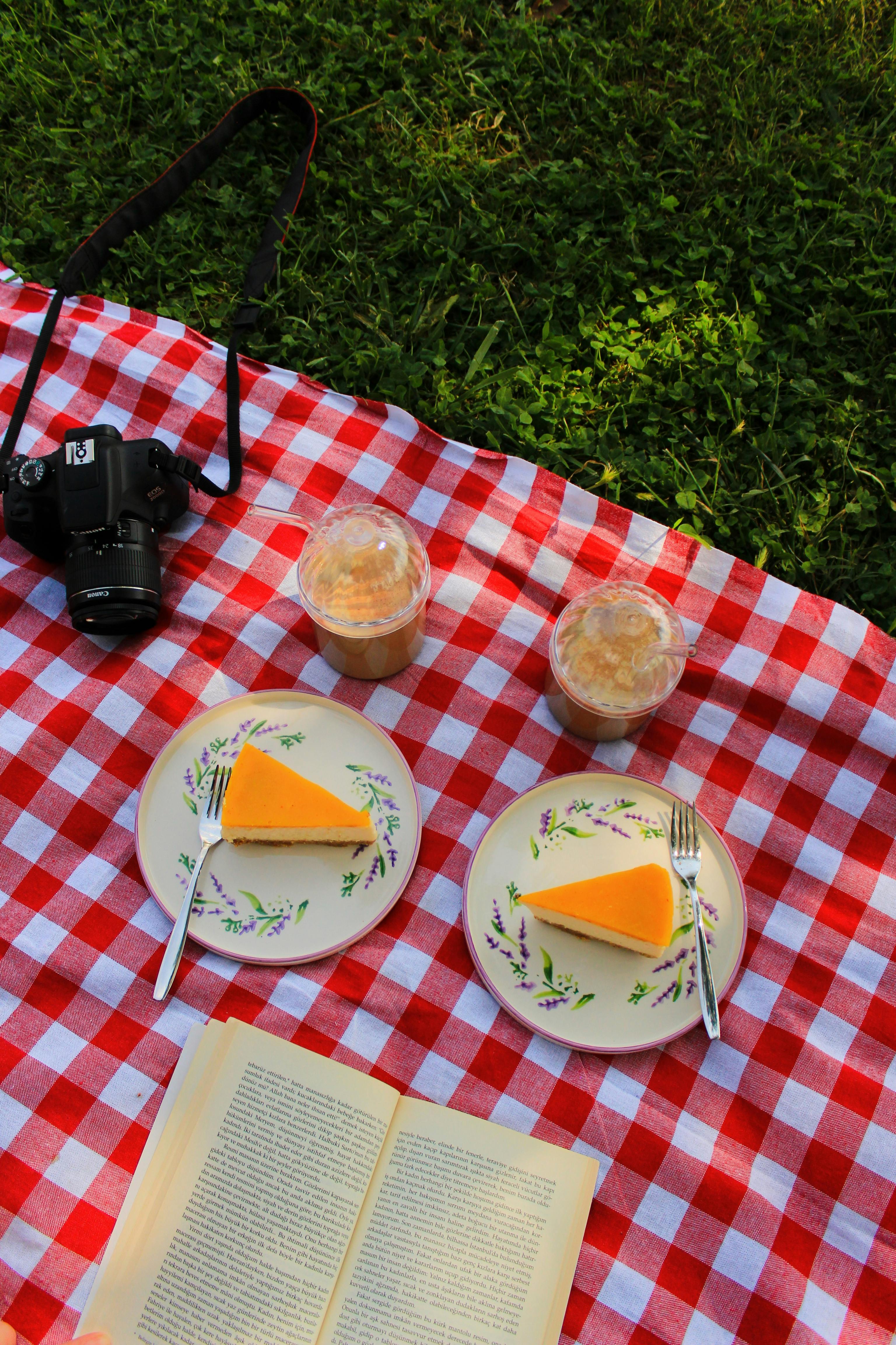 Enjoy a summer picnic with cheesecake on a gingham blanket, complete with iced coffee and a camera.