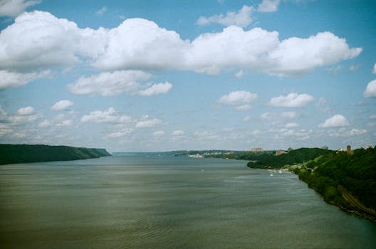 Peaceful river landscape with lush greenery and partly cloudy sky.