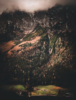 黄昏时分，郁郁葱葱的山谷上空笼罩着雄伟的群山，景色宁静而优美