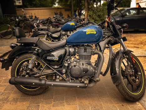 Close-up of Royal Enfield Meteor 350 motorcycle parked in Ahmedabad, India.