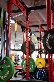 Colorful Rogue weightlifting gear in a well-equipped fitness gym.