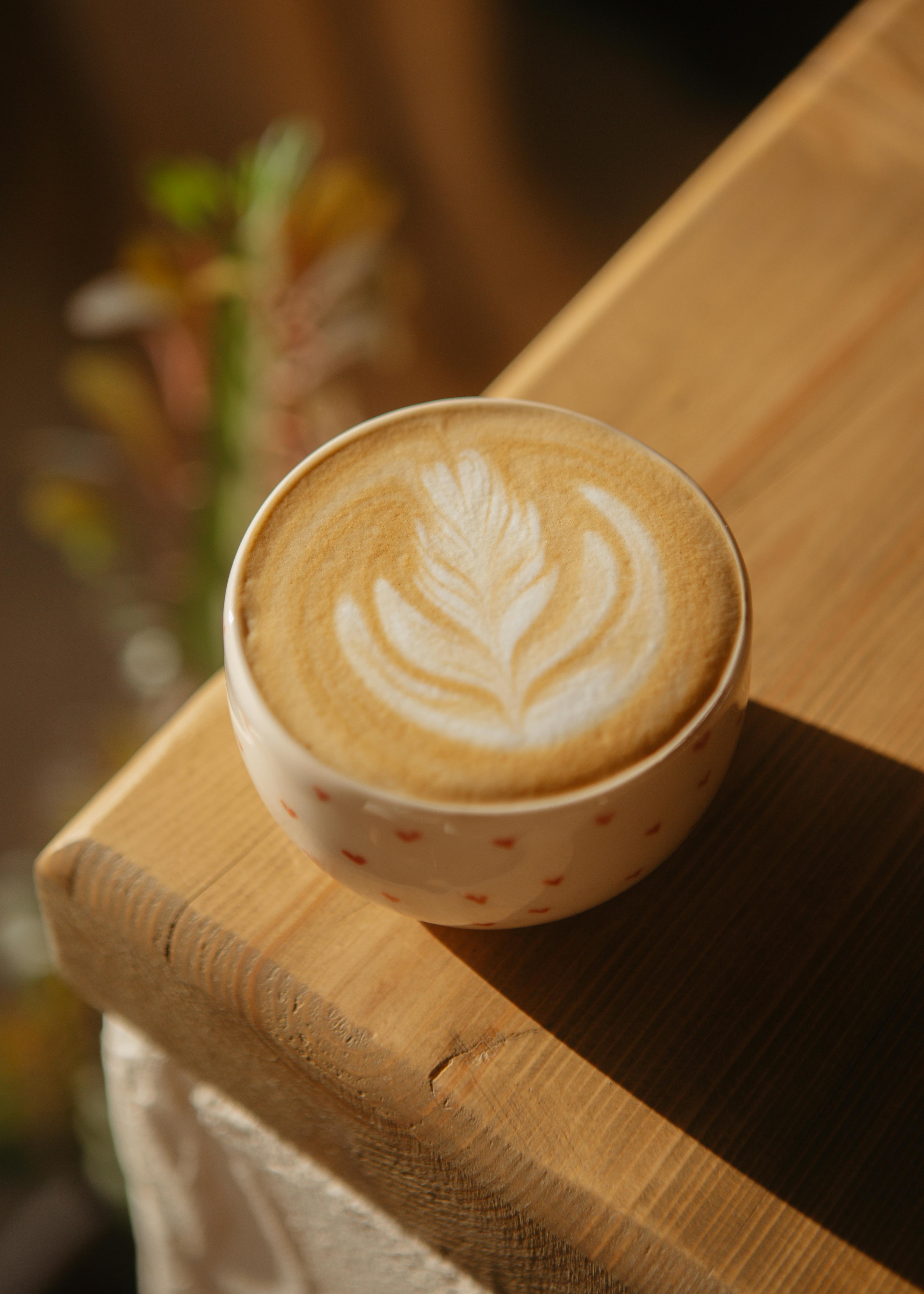 A beautifully crafted cappuccino featuring leaf latte art, basking in warm sunlight on a rustic wooden table in a cozy cafe.