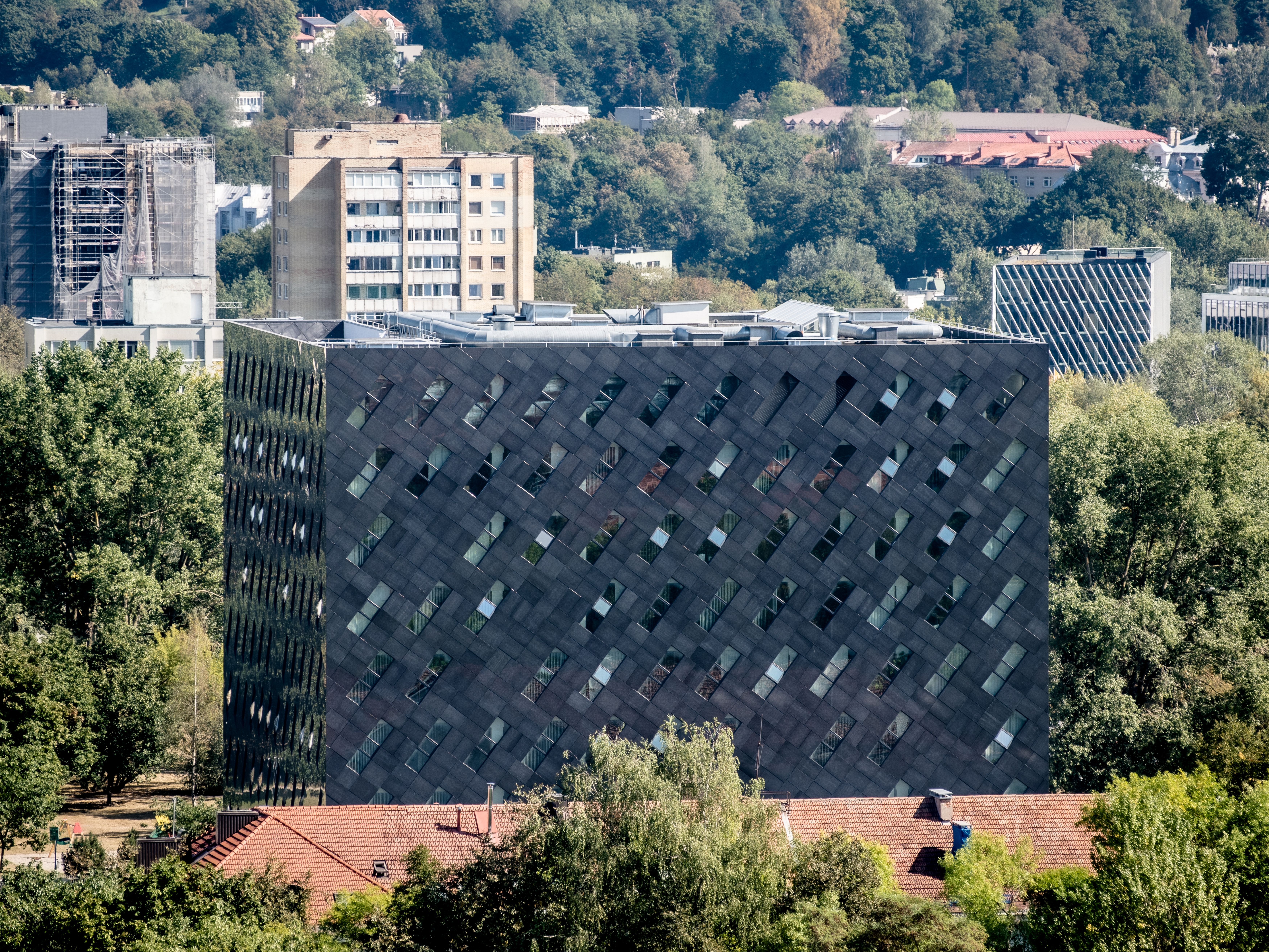 A striking modern building in Vilnius, Lithuania's urban landscape.