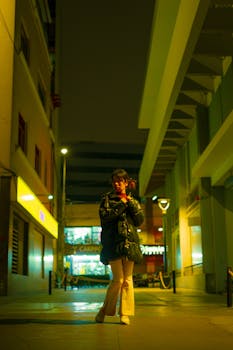 A person stands in a stylish pose on a lit street in Miraflores, Lima, Peru at night.
