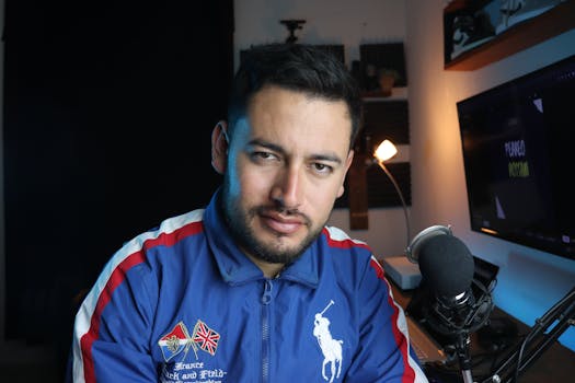 Close-up of a man in a home studio with microphone and computer setup.
