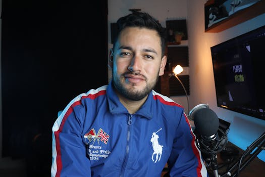Man in a blue jacket with microphone recording a podcast in a home studio setup.