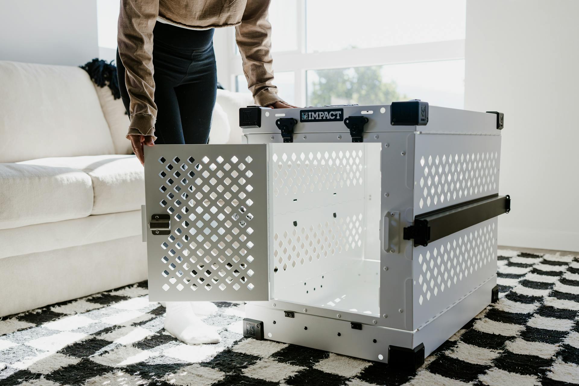 Impact Dog Crate White Collapsible with Blonde Hipster Female in Living Room