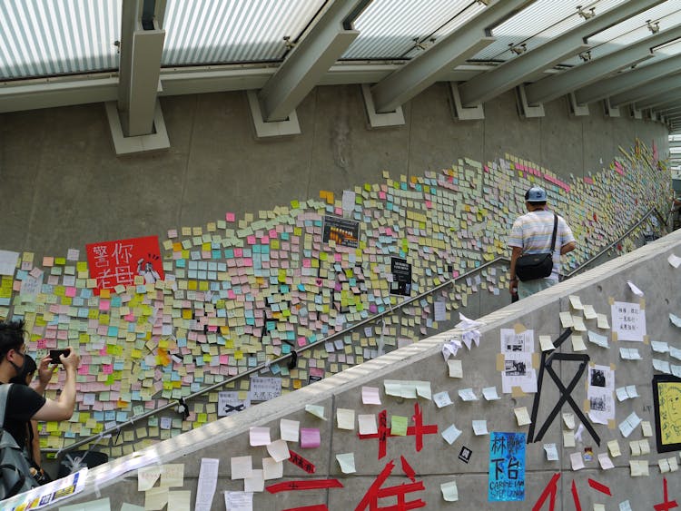 Sticky Notes On The Wall Everywhere Inside Hong Kong Airport