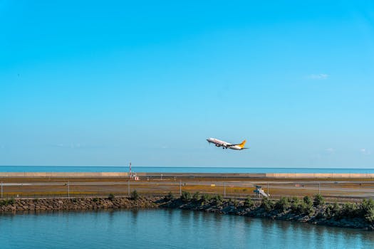 Commercial airplane takes off over a blue ocean with a clear sky backdrop. Ideal for travel themes.