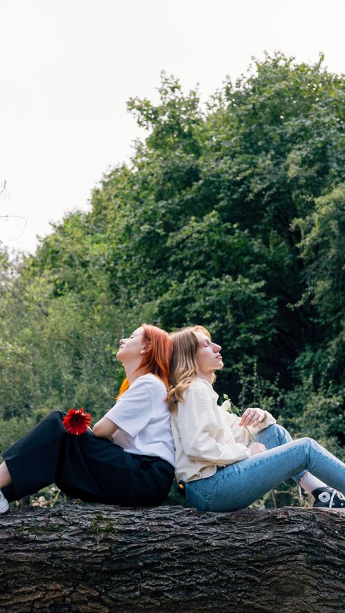 Free Two women enjoying a carefree moment on a log in Merzifon, surrounded by lush greenery. Stock Photo