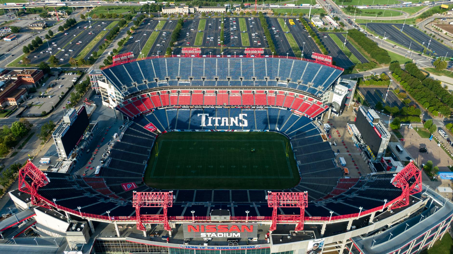 The birds-eye-view of the Nissan Stadium in Nashville, Tennessee. This stadium is used by the Titan football team who play against other teams in the United States as a part of the National Football League(NFL).