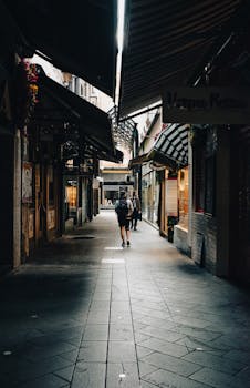 A picturesque alleyway in Melbourne with people walking under patterned awnings, capturing city life.