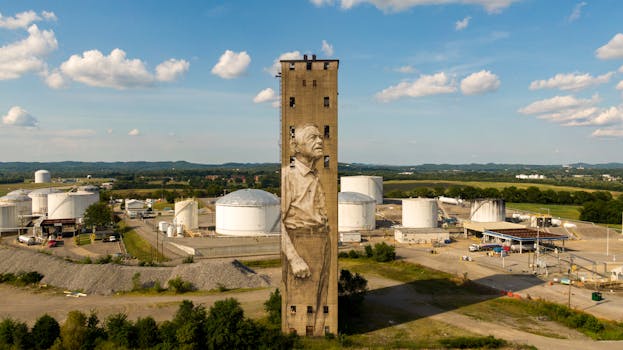 An industrial area with a mural on a tall tower, surrounded by storage tanks.