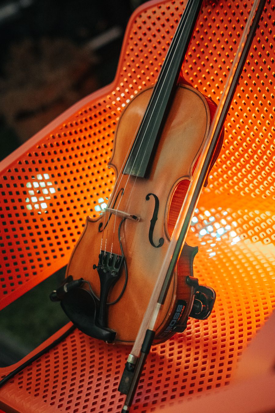 Close-up of a violin's carved scroll and strings