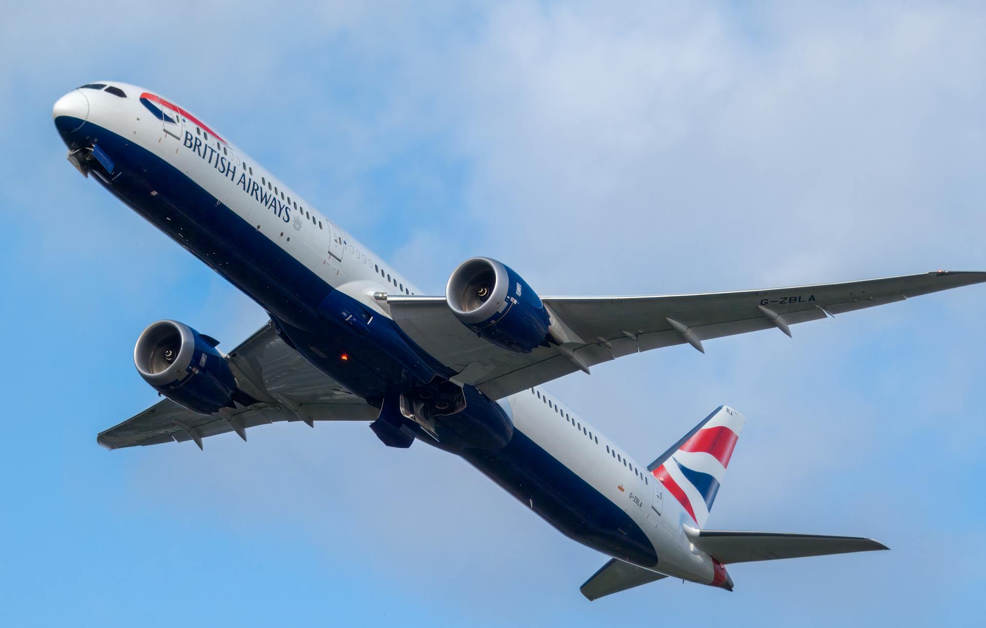 British Airways plane in flight against a clear blue sky, showcasing aviation excellence.