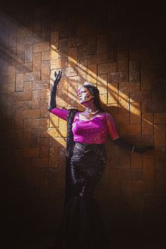 Fashion portrait of a woman in cosplay attire with dramatic back lighting against a brick wall.