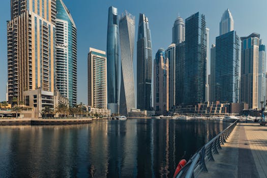 Explore the towering skyscrapers of Dubai Marina reflecting beautifully on the water.