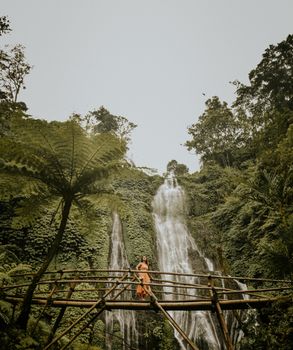 一位妇女站在竹桥上，以郁郁葱葱的绿色植物和瀑布为背景