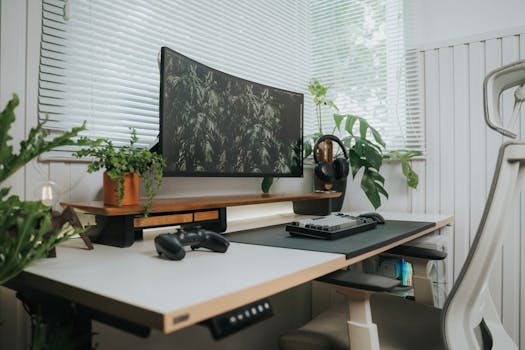 A stylish home office setup with a curved monitor, keyboard, and green plants.