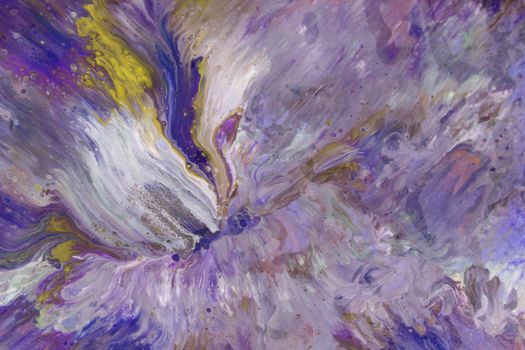 Dynamic abstract fluid art showcasing swirling purple and yellow patterns in a mesmerizing flow.