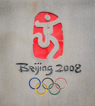Close-up of the Beijing 2008 Olympic logo and rings on a concrete wall.