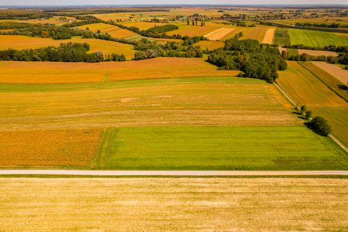 Free Drone shot capturing vibrant farmland in Garešnica, Croatia, showcasing varied crop patterns. Stock Photo