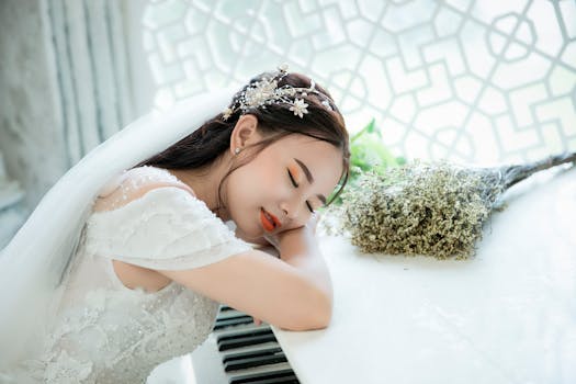 一位身着白色礼服的新娘，在室内的钢琴旁静静休憩，尽显优雅与宁静