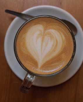 Top view of a heart-shaped latte art in a clear glass mug, indoors on a wooden table.