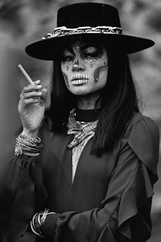 Black and white portrait of a woman in artistic Dia de Muertos makeup holding a cigarette.