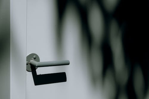 Grayscale Photo of Gray Door Lever and White Door Panel