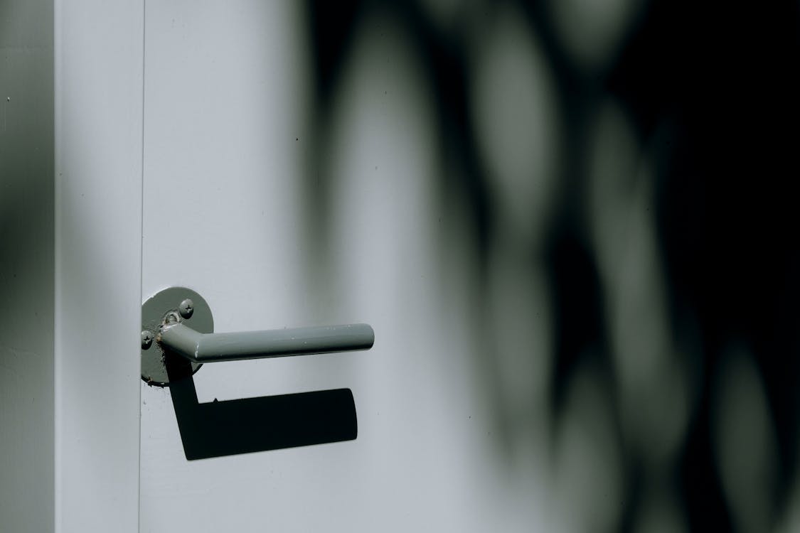 Grayscale Photo of Gray Door Lever and White Door Panel
