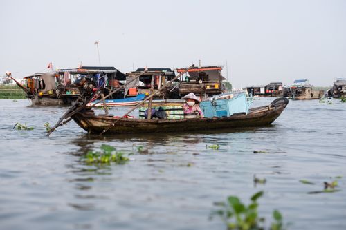 Free A vibrant scene of a floating market on the Mekong River in Vietnam, featuring traditional boats. Stock Photo