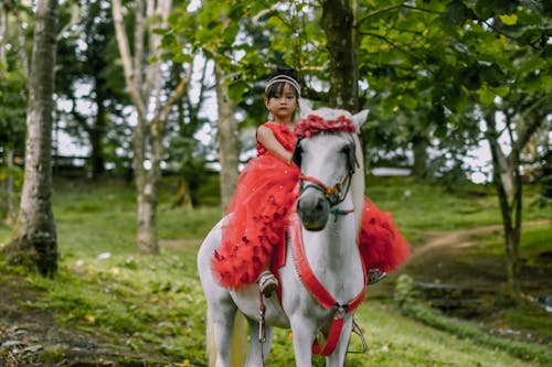 Selective Focus Photography Of Girl Riding White Horse