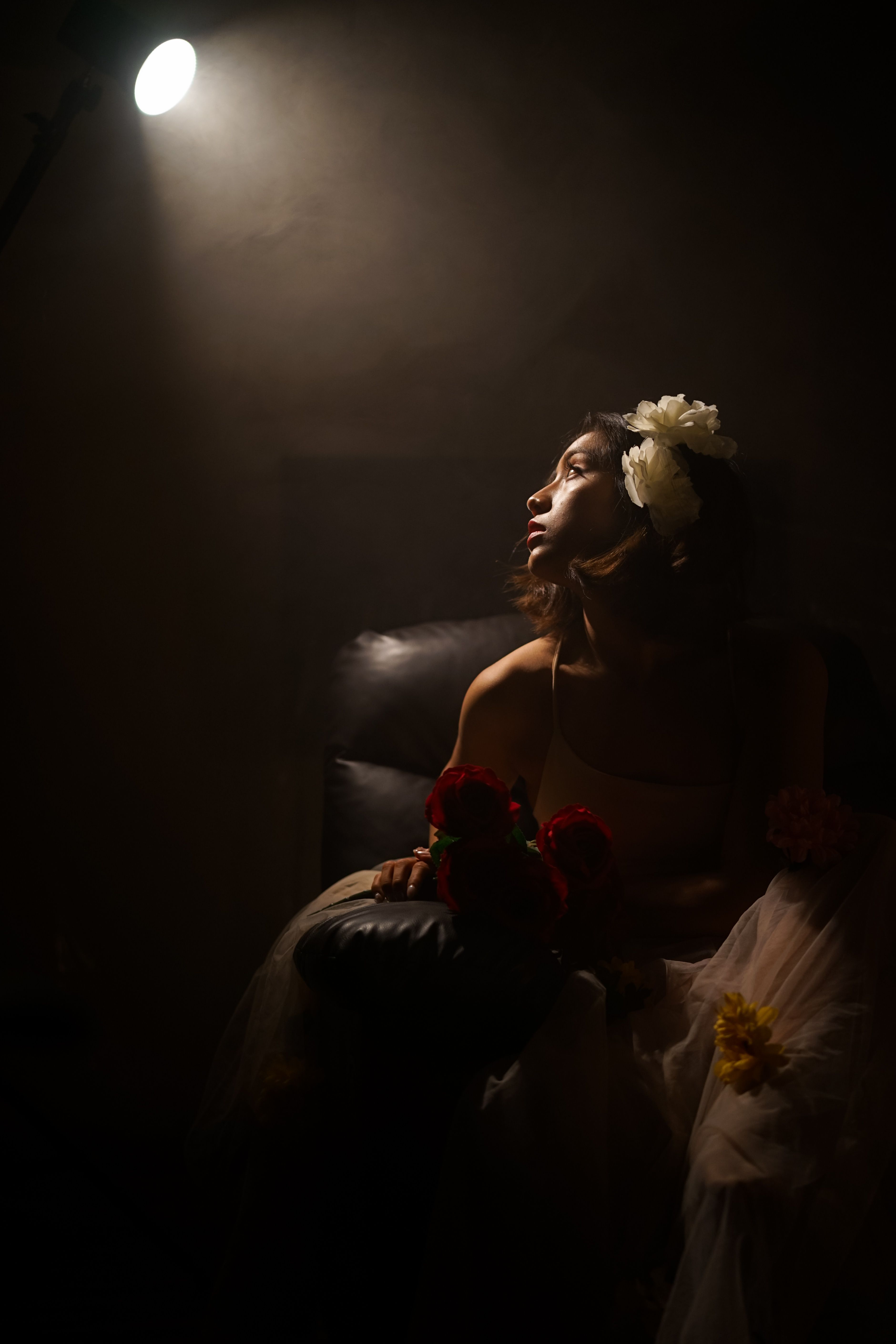 Artistic portrait of a woman in dark lighting, holding flowers, with a dramatic spotlight.. pexels, artistic, portrait